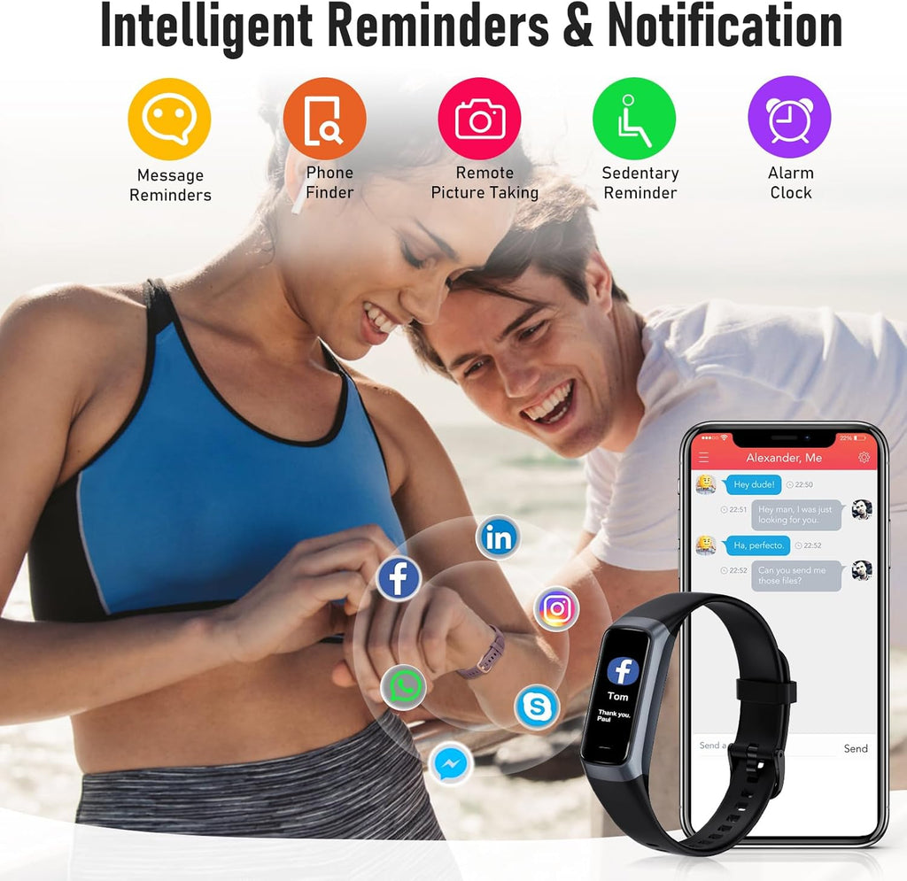 Fitness Tracker with 24/7 Heart Rate, Blood Oxygen Blood Pressure Sleep Monitor, Activity Trackers 5 ATM Waterproof,Step Calorie Counter Pedometer Health Smart Watch for Women Men (Bl)