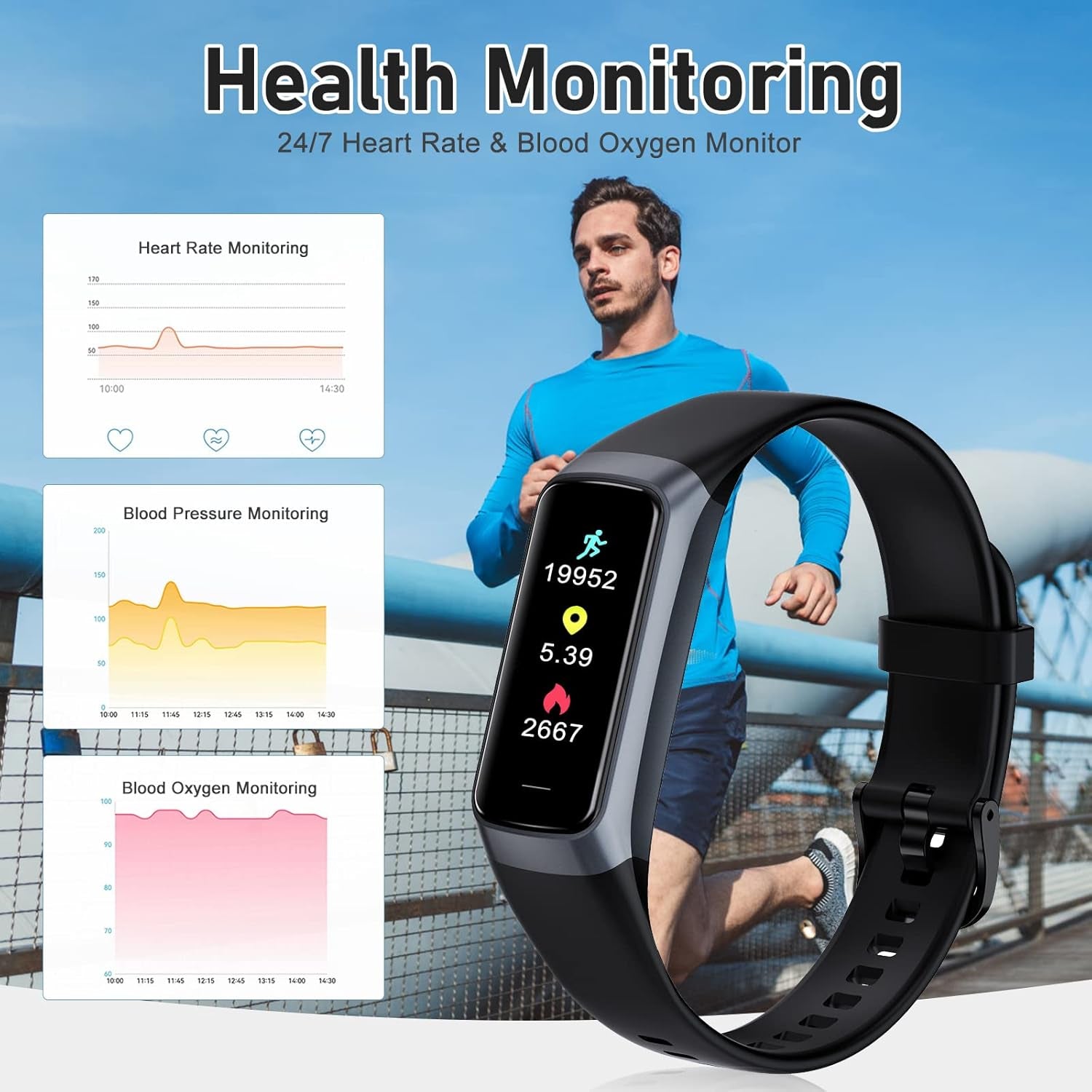 Fitness Tracker with 24/7 Heart Rate, Blood Oxygen Blood Pressure Sleep Monitor, Activity Trackers 5 ATM Waterproof,Step Calorie Counter Pedometer Health Smart Watch for Women Men (Bl)