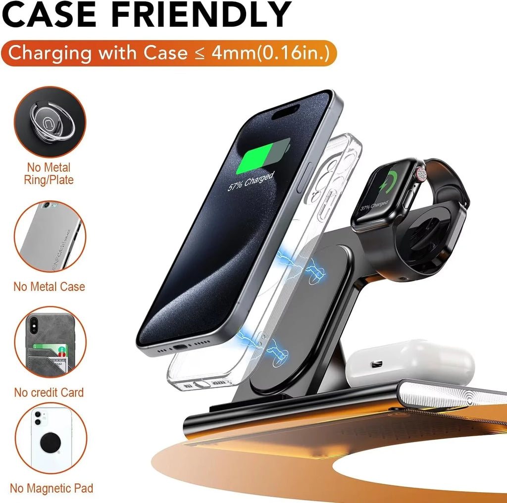 3 in 1 Foldable Charging Station Compatible with Apple Products,Fast Wireless Charger Travel Dock Adapter&Light for Iphone 15 14 13 12 11 Pro Max,Watch 9 8 7 6 5 4 3 2 Se and Airpods,Black